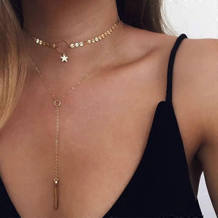 Colier ajustabil din aliaj auriu cu paiete, design unic, stil Boho