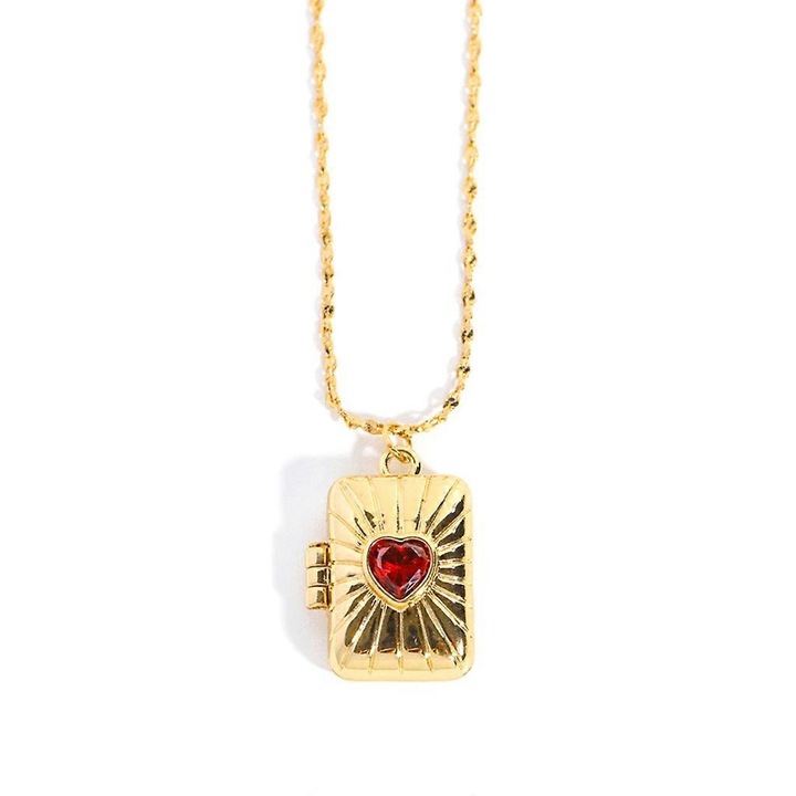 Colier cu cutie foto din cupru si zircon, auriu, 45+5cm,