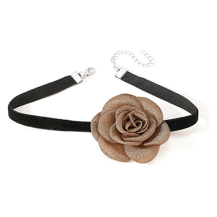 Colier dantela cu floare, 30+7cm, maro/negru, bijuterii dama