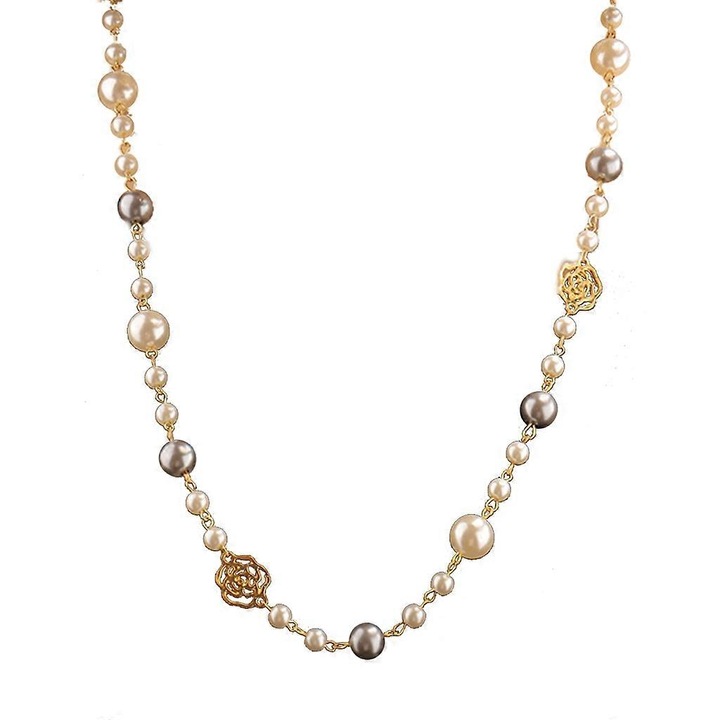 Colier cu perle simulate si pandantiv camelia, 165cm, auriu, set bijuterii dama