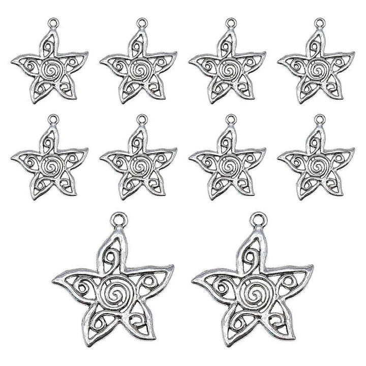 Set 10 Piese Pandantive Floare Pentagrama Golita, Metal, Argint Antic, 33x30mm