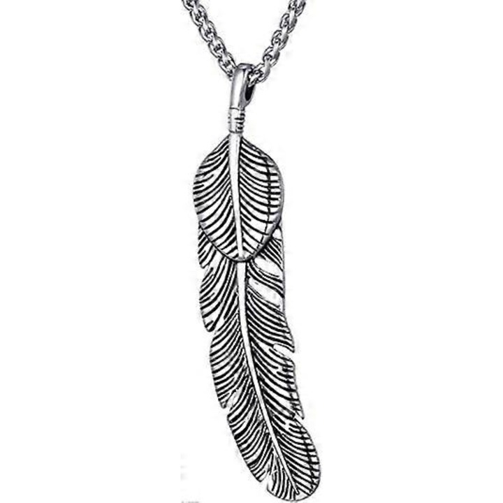Colier cu pandantiv din pene, design elegant, inox, 3.1"x0.8", set cu lant de 24"