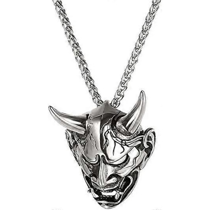 Colier craniu demon cu coarne, bijuterii din inox 1.6x1.3 inch, lant 23.5 inch, pentru barbati si femei