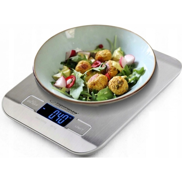 Cantar de bucatarie Digital Esperanza 5kg, Precizie 1g, Functie Tara, Otel Inoxidabil, Ecran LCD Iluminat, Design Slim