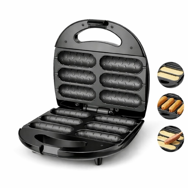 Aparat pentru Rulouri si Hot Dog Raf R803, Corn Dog Maker 850W Multifunctional 6 Forme, Gatire Rapida Negru