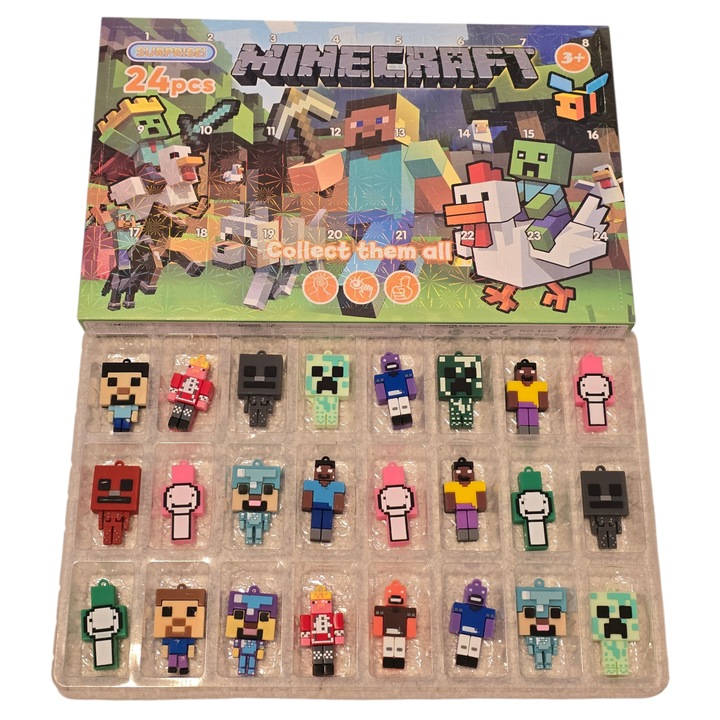 Figurine Minecraft – Model Calendar Advent cu 24 Piese, mini colectie, 7 cm, material plastic moale, culoare multicolor