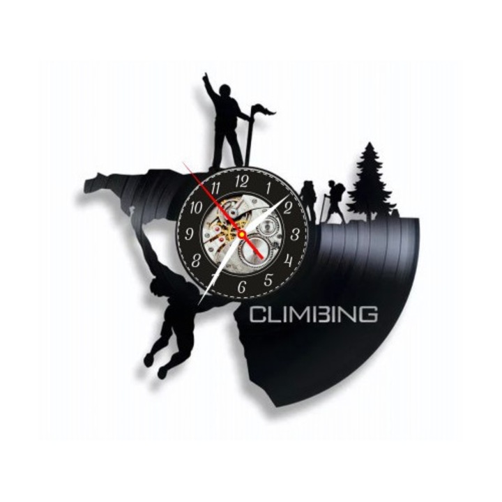 Dekoratív falióra - Hegymászó Kaland - Alpinista, Túrázó és Fenyőerdő design - bakelitlemezből készült (Vinyl Record)
