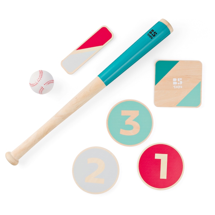 Gyermek baseball szett, BS Toys, 1 ütő 60x5x5cm, 1 labda átmérő 7cm, fa