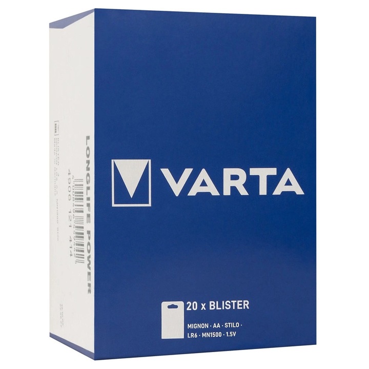 Set baterii Varta LR6 AA, 80 buc, alcaline, argintiu-albastru, 1,5V