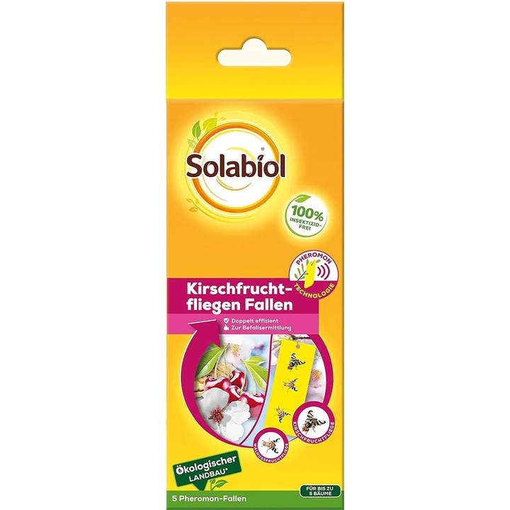 Capcane cu feromoni SOLABIOL pentru musca ciresei si musca nucului, 5 buc, lipici rezistent la apa, fara insecticide