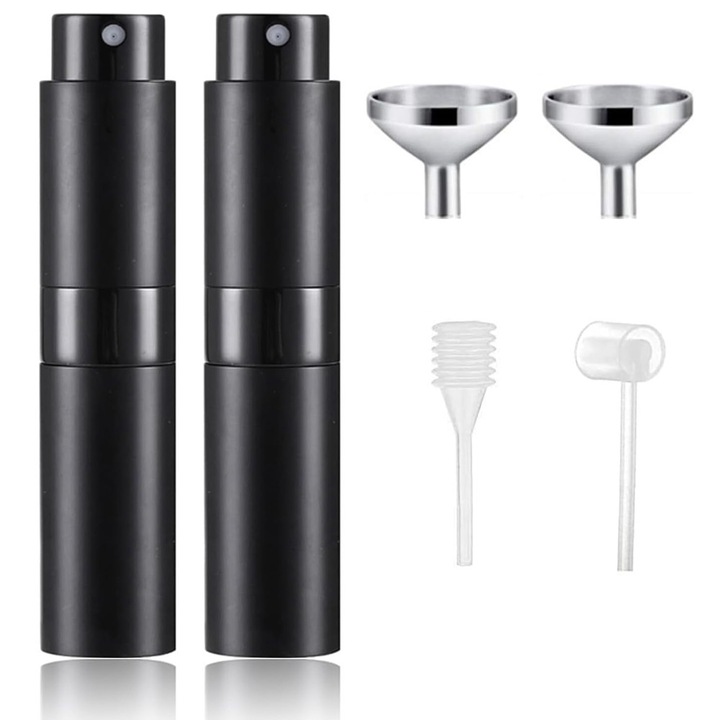 Set 2 recipiente cosmetice, atomizor parfum 8ml, negru, din sticla si aluminiu, portabil
