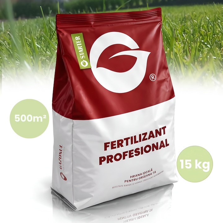 Ingrasamant Starter Gazonul®, pentru Gazon, Flori, Fructe, Legume, Pomi fructiferi, Fertilizant solid profesional, pentru Insamantare, Reabilitare, Inverzire rapida, NPK 20-10-5+S, Granule, Acoperire 500 mp, 15 kg