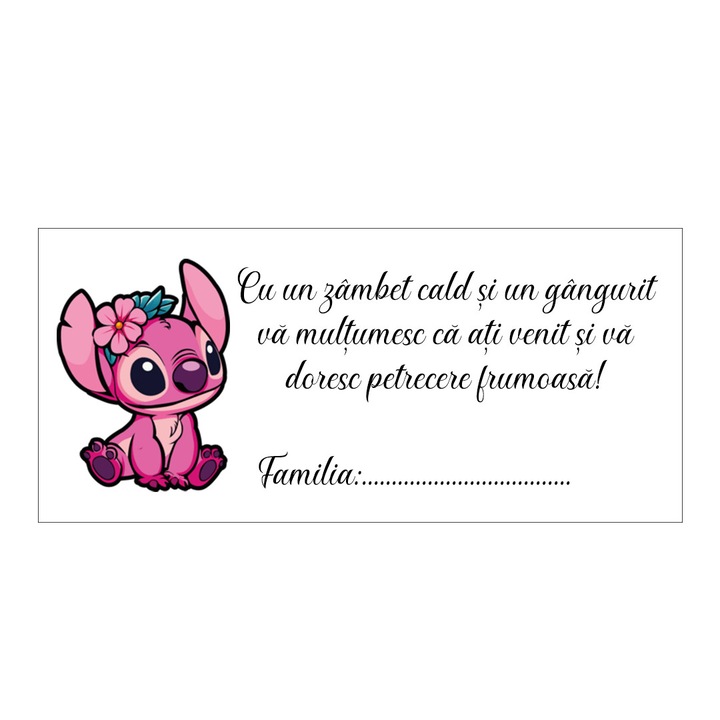 Set 10 plicuri bani botez, model stich roz, carton alb, 20x9cm