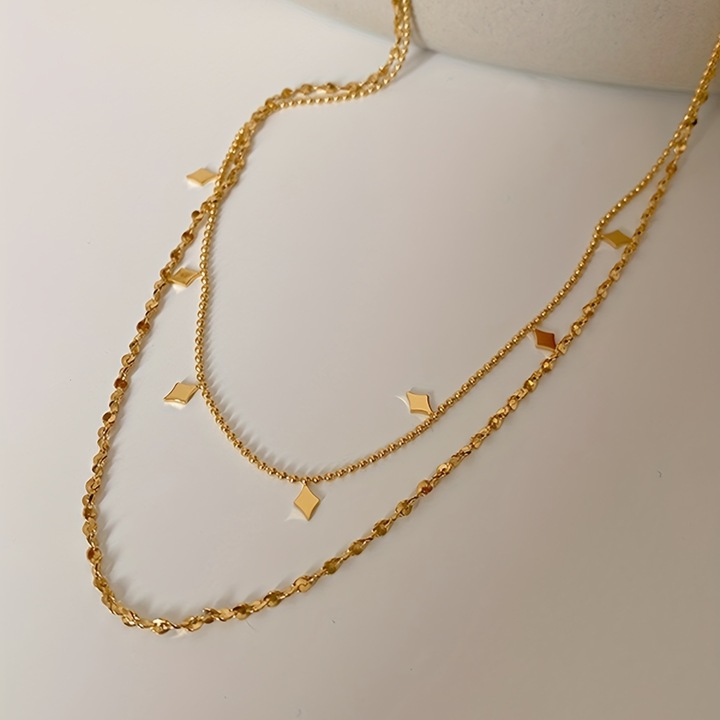 Colier Modern-Minimalist, Design Elegant-Dublu, Inox, Placat cu Aur Galben de 18k, 40 + 5 cm