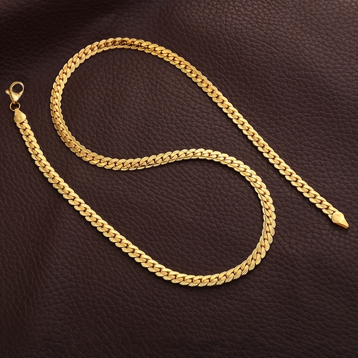 Lant Cuban Plat, Design Modern-Minimalist-Simplu, Inox, Placat cu Aur Galben de 14k, 45 cm x 3 mm