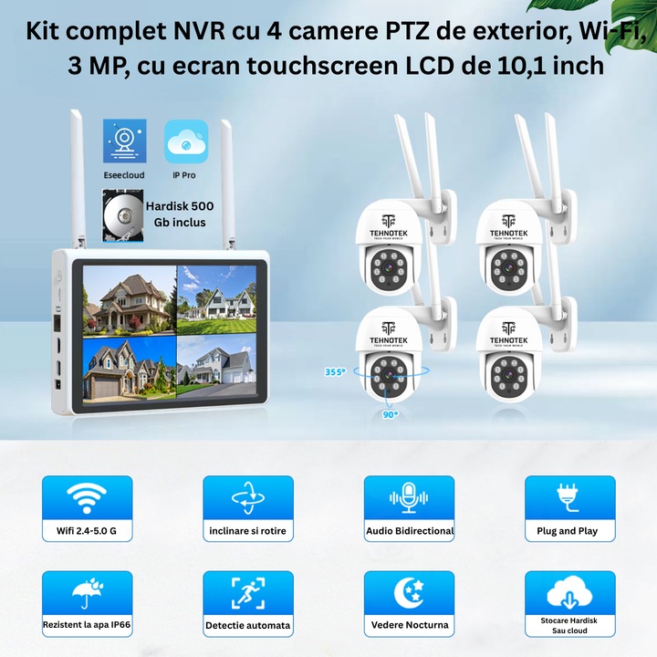 Nvr Display Kit complet cu 4 camere de supraveghere TehnoTek, Audio Bidirectional ...