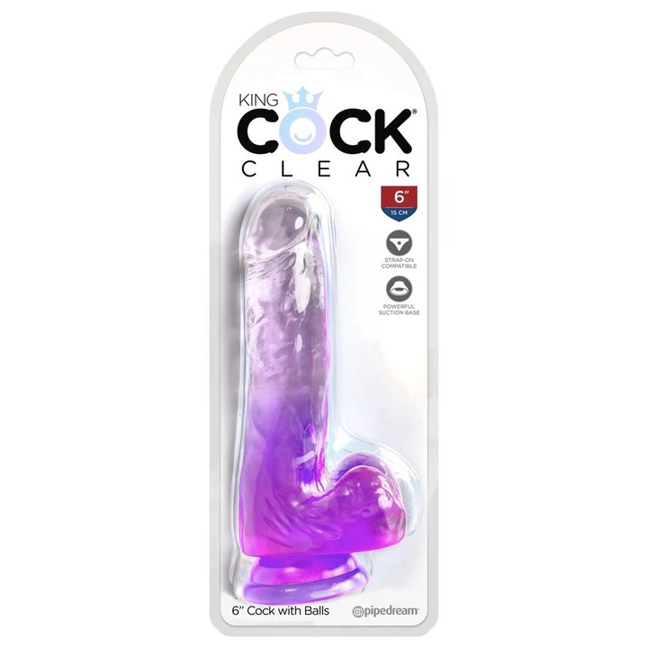 Dildo transparent violet King Cock Clear, 17,8cm x 3,8cm, cu prindere prin ventuza