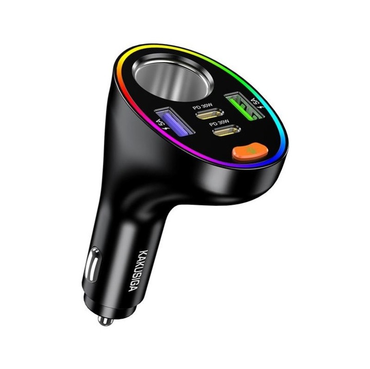 Autós adapter kettős USB + kettős Type-C, KSC-1977, 80W gyors töltés, szivargyújtó aljzat, fekete