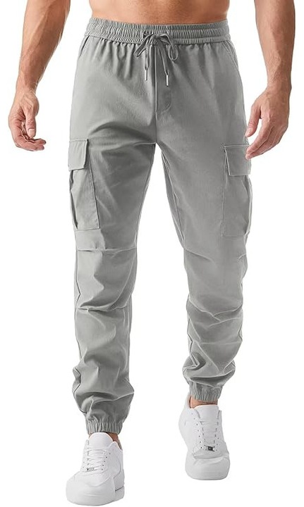 Pantaloni cargo barbati tip chino elastici, cu snur, buzunare, gri, XL