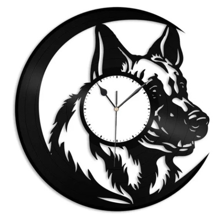 Dekoratív falióra - Német Juhász Őrző - Német Juhászkutya Portré Design - bakelit lemezből (Vinyl Record) készült, Fekete