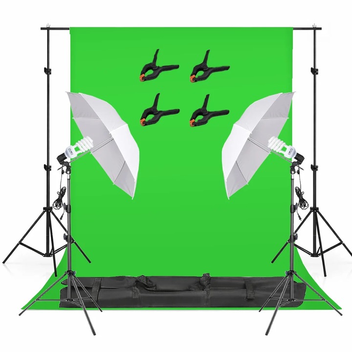 Kit studio foto video cu fundal verde chroma key, 2 umbrele iluminare, 2 becuri fluorescente 45W 5500K, suport fundal reglabil 200 cm, 4 cleme si geanta transport