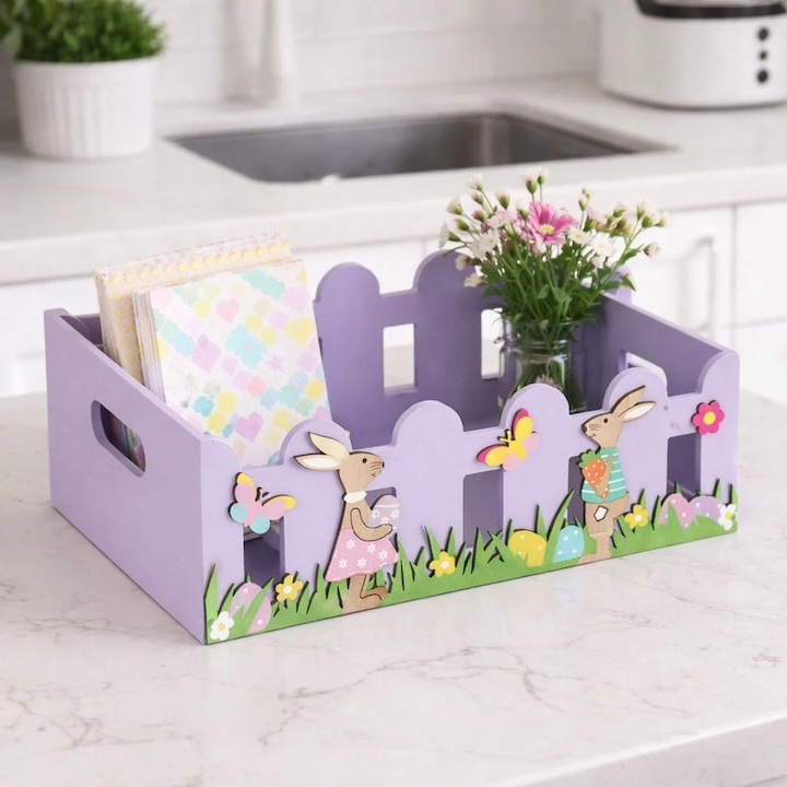 Ladita Decorativa Paste Din Lemn Lila Cu Iepurasi Flori Iarba Cos Decor Masa Aranjament Paste Cos Oua Decoratiuni Primavara 30x20x10 cm Shopiens