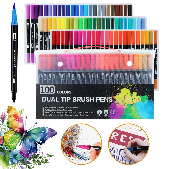 100 De Culori Pixuri De Colorat, Pixuri Cu Varf Dublu, Pixuri Cu Varf Din Pasla, Markere Pe Baza De Apa Pentru Adulti Si Copii, Colorat, Desen, Schita, Caligrafie, Markere Cu Varf Fin Pentru Acuarela