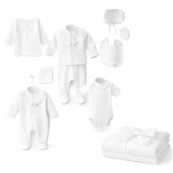 Compleu copii, Set 10 piese, Nou nascut Con con 0-3 Luni, Bumbac organic, Volant, Alb