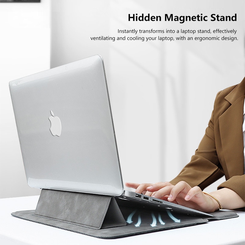 Husa Laptop NAXSIR, cu foldable stand, Impermeabil si rezistent la zgarieturi, Nasture magnetic, Portabil, 13.3 inch, 36x25 cm, Gri inchis