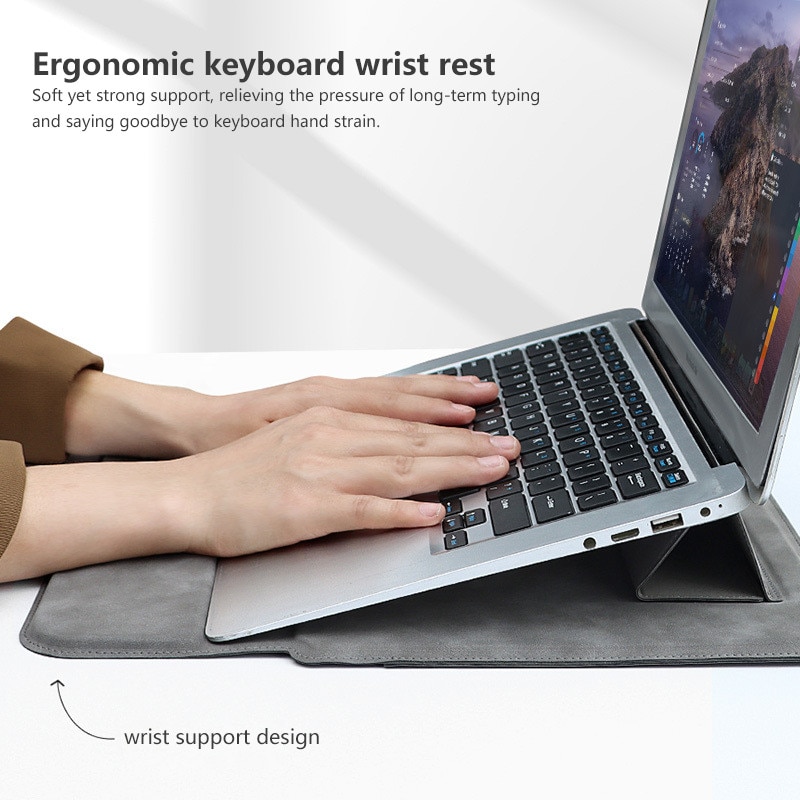 Husa Laptop NAXSIR, cu foldable stand, Impermeabil si rezistent la zgarieturi, Nasture magnetic, Portabil, 13.3 inch, 36x25 cm, Gri inchis