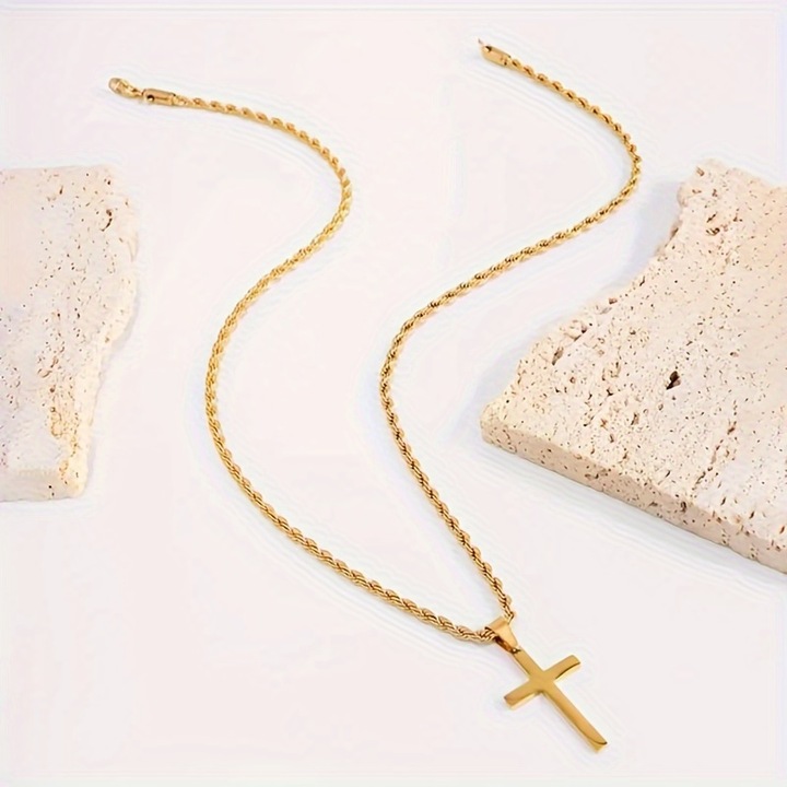 Colier cu Pandantiv Cruce Minimalist, Inox Placat cu Aur Galben 18k, 50x3x1.8cm