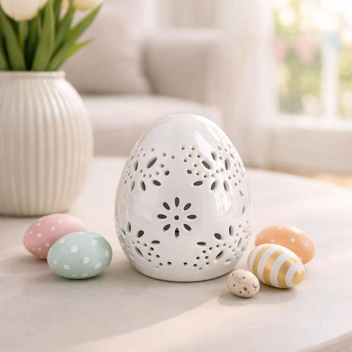 Decoratiune Paste Ou Decorativ Ceramic Alb Perlat Sculptat Model Floral 11cm Decor Masa Primavara Shopiens