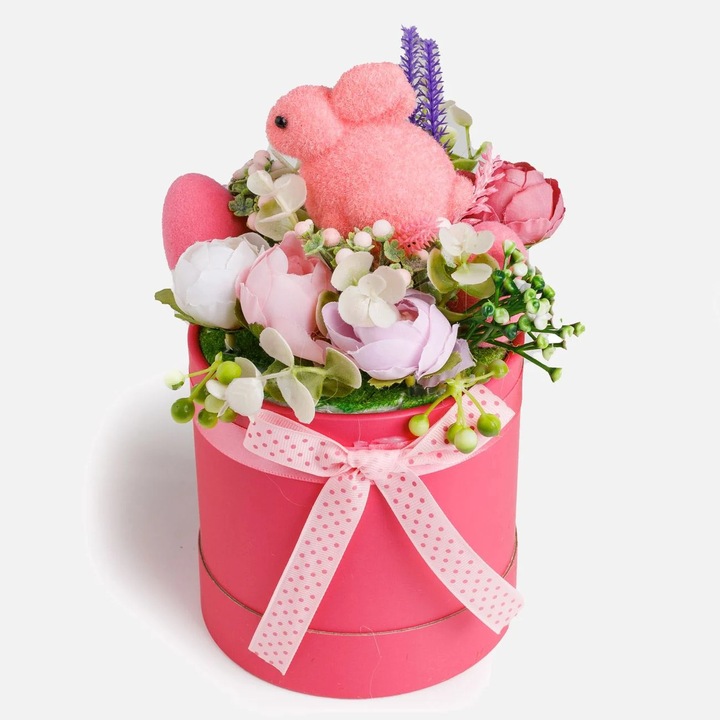 Decoratiune Paste Cadou Decorativ Cu Iepuras Si Flori Fucsia Roz Lila 24cm Decor Masa Primavara Shopiens