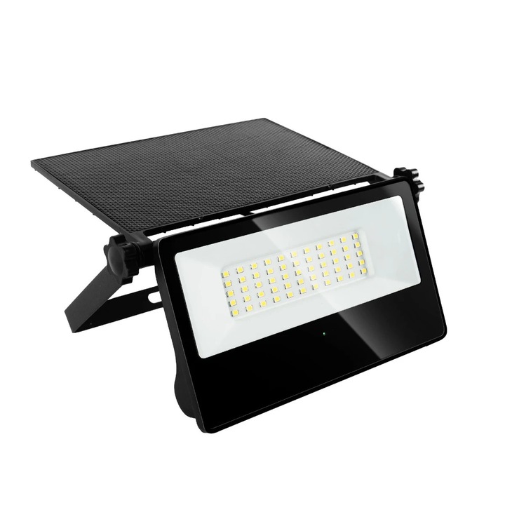 Proiector solar cu LED Hoff, 20 W, 1800 lm, lumina rece, cu senzor de miscare, negru, IP65, exterior