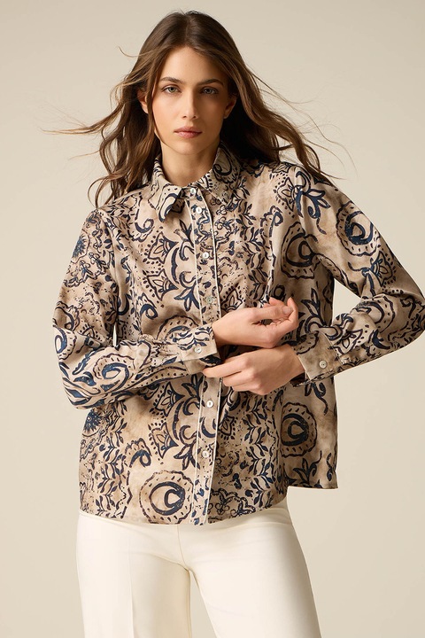 Oltre, Camasa din satin cu model, Bej/Bleumarin