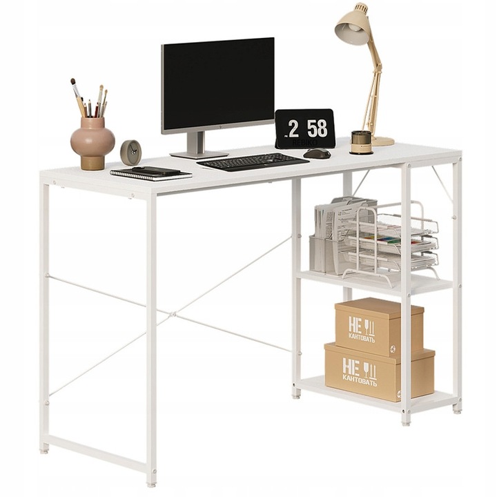 Birou pentru computer, masa tip loft, alb, modern, cu rafturi, masa industriala BADU