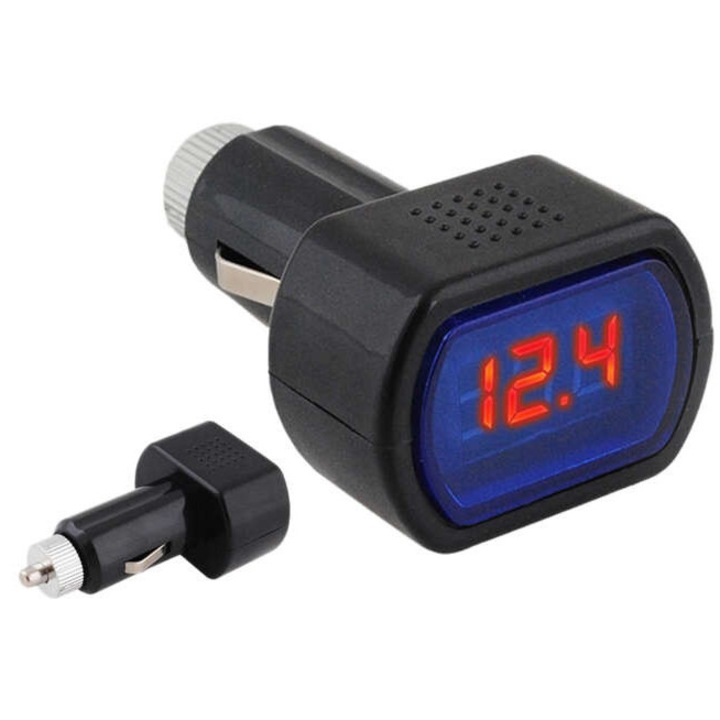 Voltmetru auto Bigstren, 12V/24V, display LED, negru, 7x3,9x2,7cm