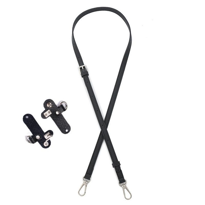 Szíj Longchamp Mini táskához, szintetikus bőr, fekete ezüst csattal, 1 pár perforációmentes csattal