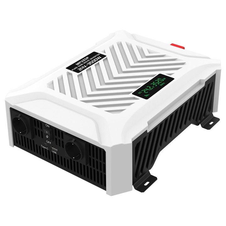 Invertor 12V/24V DATOUBOSS 3500W, 7000W varf, 2 prize EU, port USB, alb, 460x330x190mm