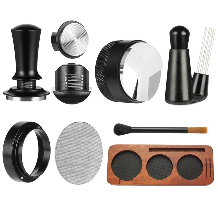 7 az 1-ben eszpresszó kiegészítő készlet 54 mm-es portafilterhez - Tartalmaz fa nyelű tampont, WDT eszközt, elosztót, adagoló tölcsért, puck szűrőt, keverőt és kefét, teljes barista szerszámkészlet otthonra vagy kávézóba