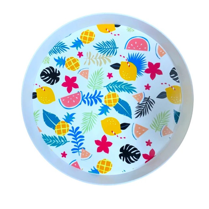 Tava Servire Rotunda cu Model Fructe, Plastic, 35cm