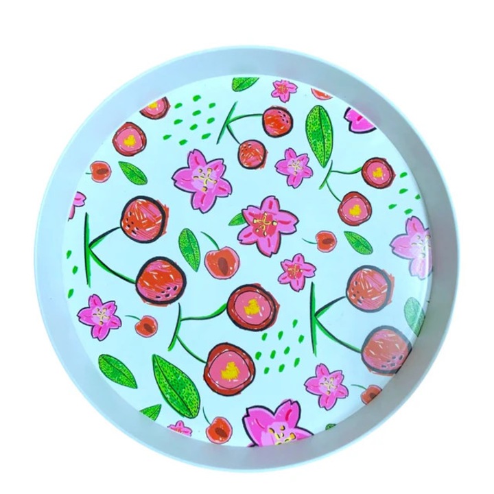 Tava Servire Rotunda cu Model Floral, Plastic, 35cm