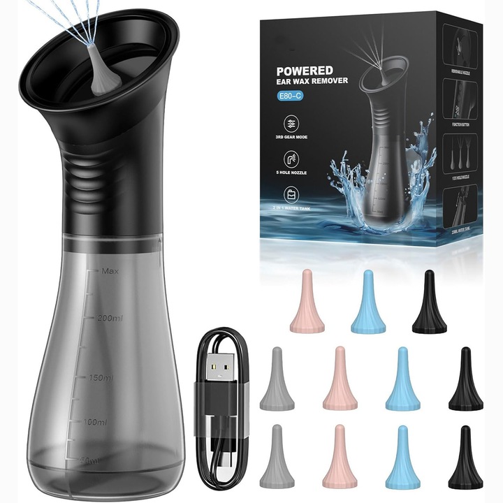 Irigator auricular electric, Bedee, aparat portabil pentru curatat urechile, indeparteaza eficient ceara din ureche, cu afisaj LED, 3 moduri de presiune, 12 varfuri, IPX7, acumulator incarcare USB, capacitate 460 ml, pentru adulti si copii, Negru