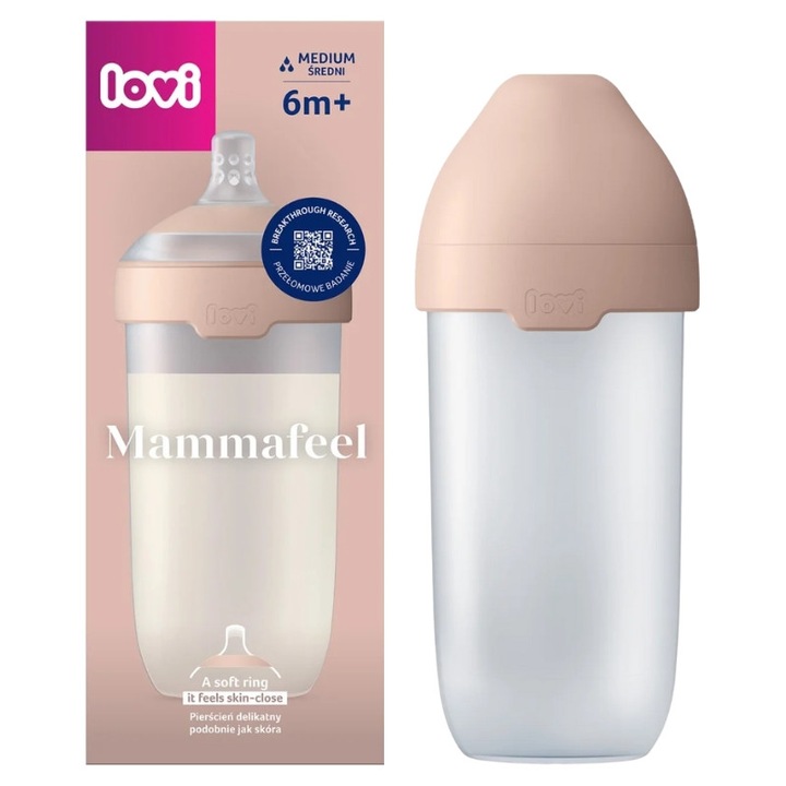 Biberon Anticolici, Lovi, Mammafeel, 330 ml, 10.5 cm, Alb/Roz