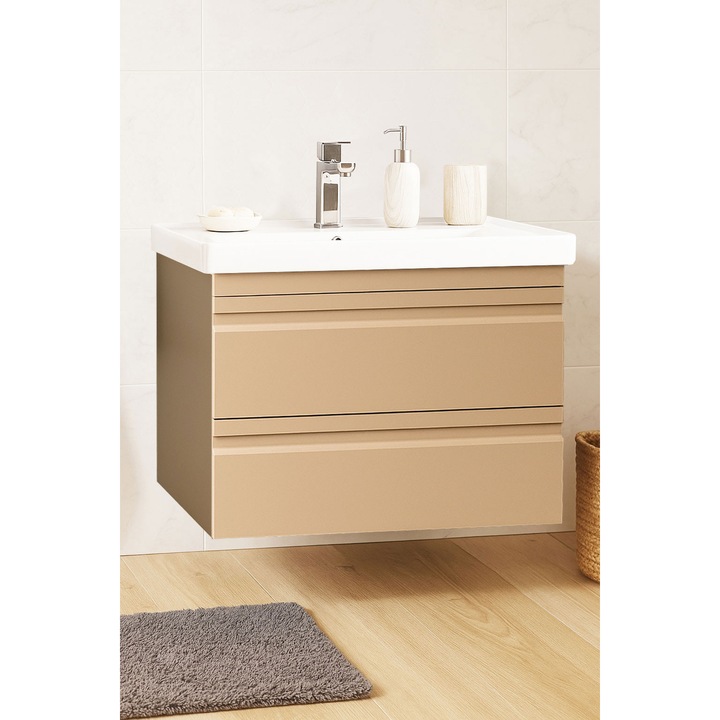Mobilier de baie Baza MDF si lavoar ceramica, cu soft-close, Badenmob, seria 786, Suspendat cu Sertare, 70x54x46cm, Cappuccino