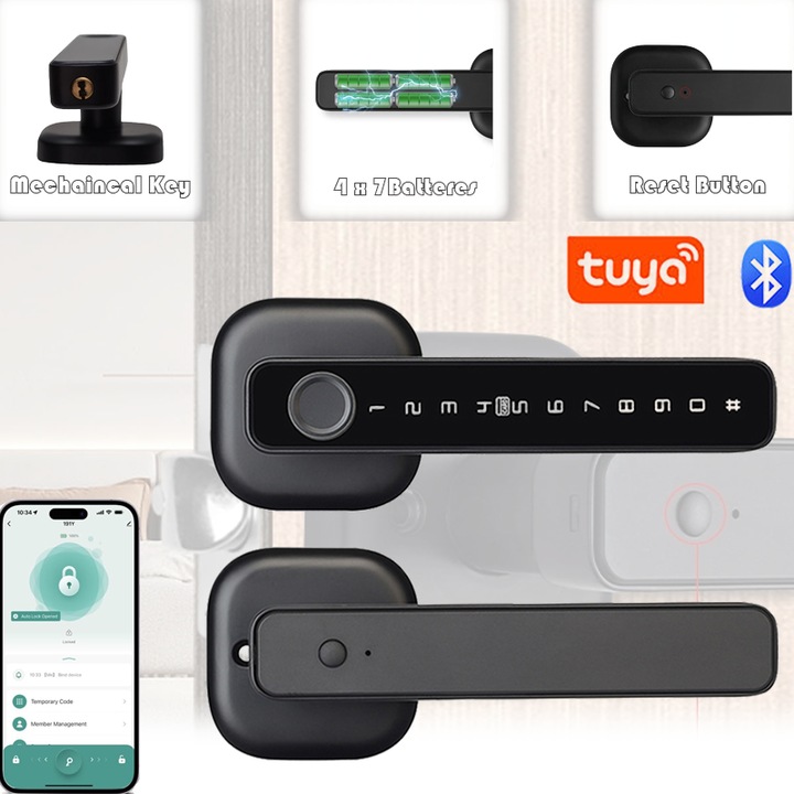 Excitat® B3 Okos Zár, Tuya Smart APP támogatás, Biometrikus Ujjlenyomat, Numerikus Kód, Fizikai Kulcs, Magas Biztonság, Fekete