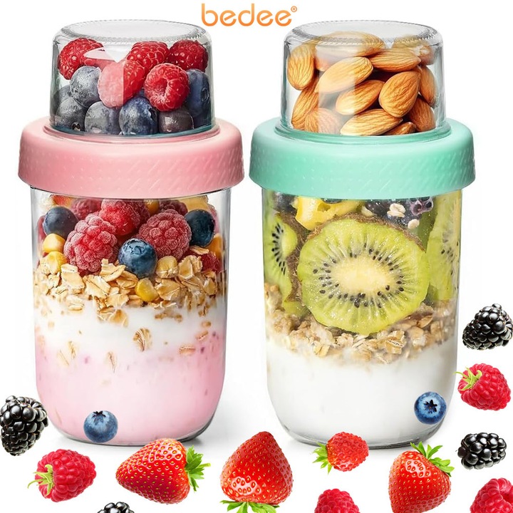 Set De Recipient Pentru Iaurt, Bedee,500ml + 100ml, Design cu Doua Straturi, Separare Uscat si Umed, Cu capac, este convenabil pentru pregatirea meselor, pentru Cereale si Iaurt, Roz + Verde