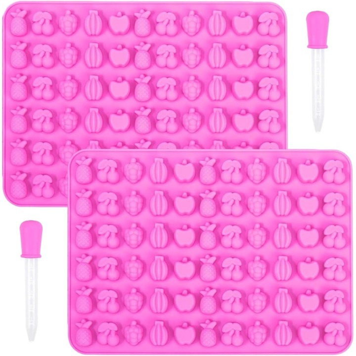 Set de 2 forme pentru fructe si gustari, fabricate din silicon, tava antiaderenta pentru bomboane gumate, cu 2 pipetari, potrivite pentru coacerea bomboanelor, ciocolatei si jeleurilor, calitate alimentara (roz)
