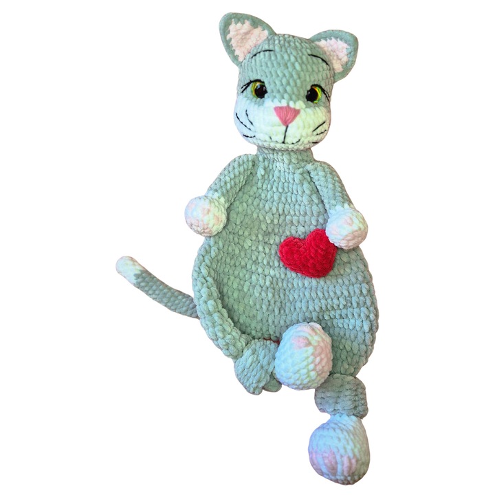Jucarie de atasament crosetata Pisica Misty, handmade, din fir plusat moale, 48 cm