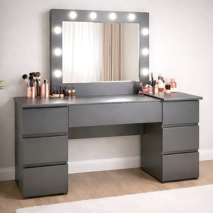 Masa de toaleta/machiaj, Antonia, antracit, cu oglinda si LED-uri, 155x42x135 cm